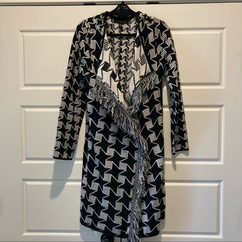 Fever Black and White Long Wrap Fringe Comfy Open Cardigan Sweater Size Large